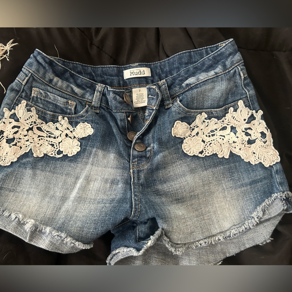 Mudd Blue Denim Shorts with Cream Lace Accents
